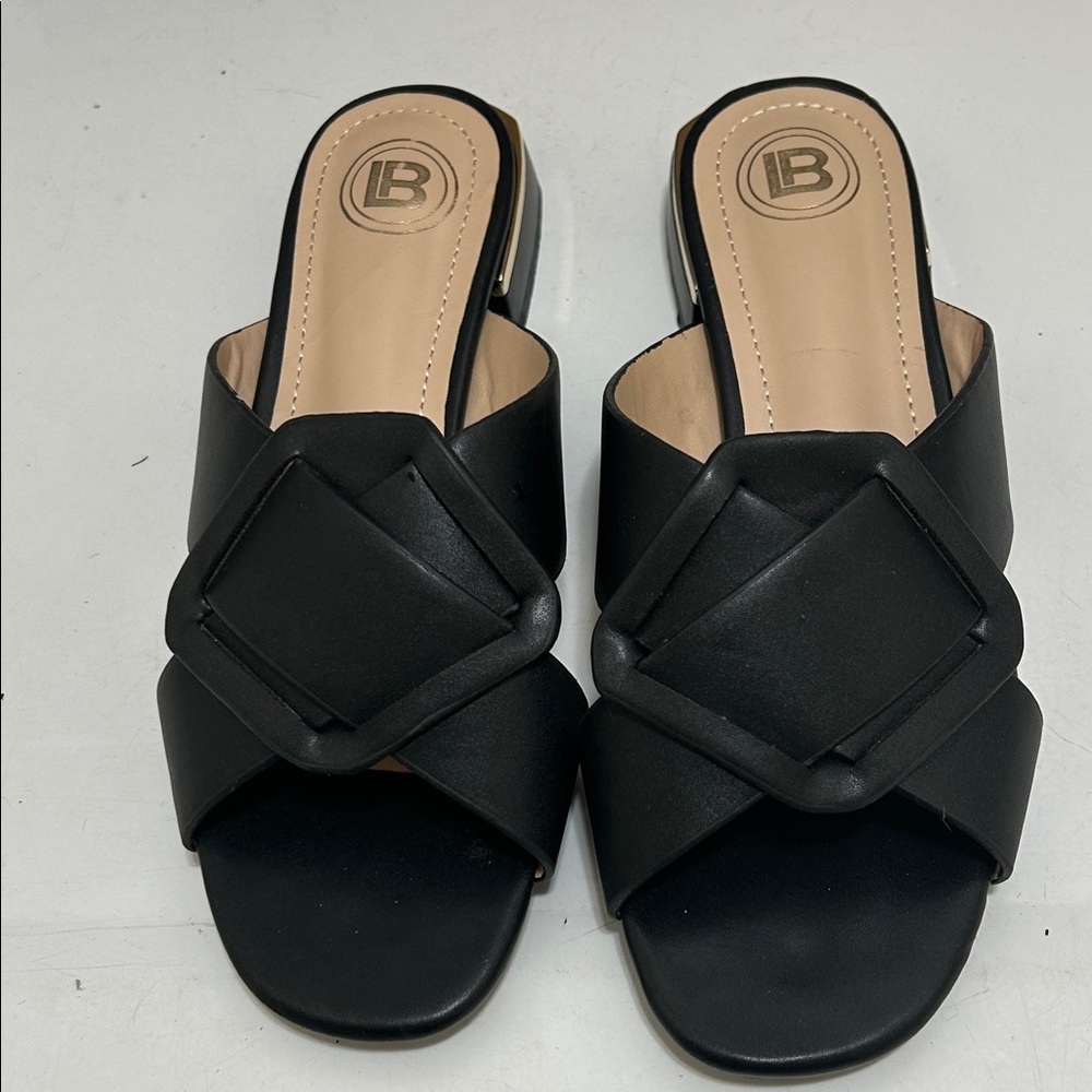 LB Black Slide Sandals with Decorative Square Accent